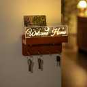 Key Holder Wall Mount with LED Light Sign, 4 Hooks Wooden Key Rack with Entryway Decorative Wireless Night Light, Solid Wood Key Hanger Organizer Shelf Aesthetic Home Decor (8.66W X 4.33H X 3.54D)