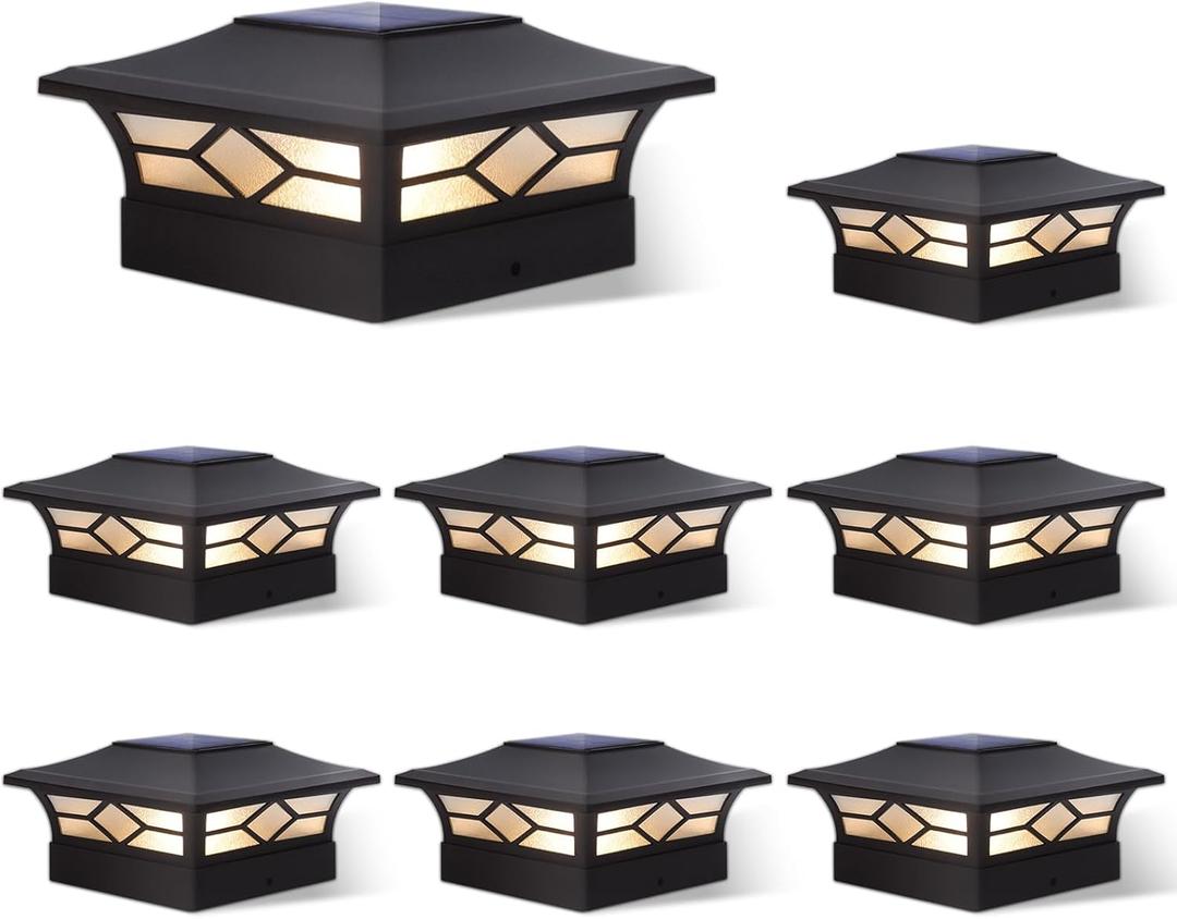 Solar Post Cap Lights Outdoor 8pack, Waterproof Solar Powered Deck Fence Post Lights for 4x4 Wood/Vinyl Posts, Solar Outdoor LED Light with Cool/Warm Lighting (Black, 8pack)