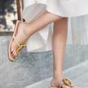 Coutgo Womens Flat Sandals Comfortable Flip Flops Slide Sandals Summer Beach Shoes with Metal Decoration (Beige), Size 8