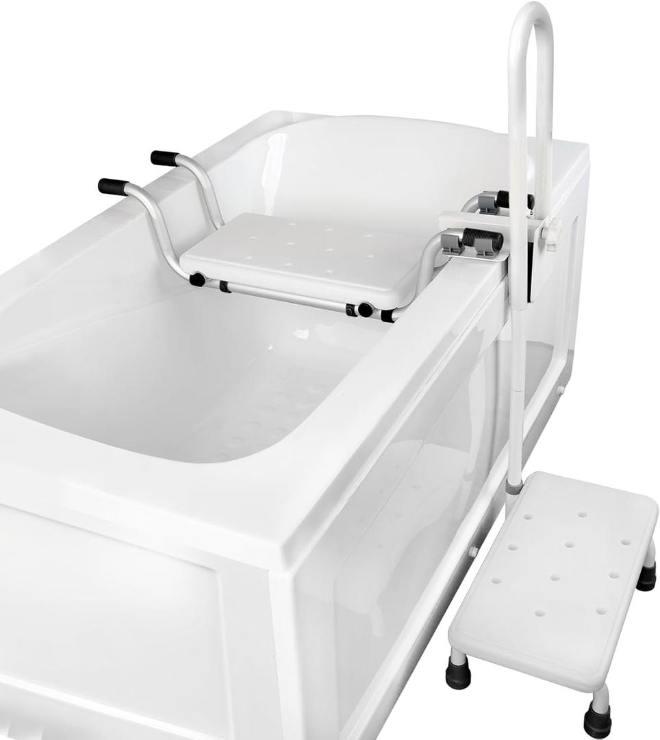 3 in 1 Bathtub Safety Rail with Step Stool & Seat for Seniors, Elderly Tub Transfer | Secure Bathroom Assistant & Tub Shower Chair with Non-Slip Handle, Fits Most Bathtubs