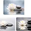 CCWACPP Zen Canvas Wall Art 3 Piece White Lotus and Black Zen Stones Picture Prints for Yoga Spa Meditation Spiritual Room Bathroom Decor Frame (16x24inchx3P)
