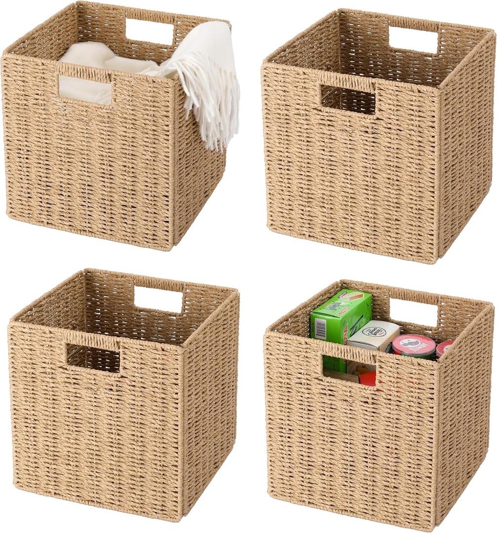 13" x 13" x 13" Wicker Storage Basket,Woven Paper Rope Wicker Baskets,Set of 4 Collapsible Square Organizers,Foldable Cube Storage Bins