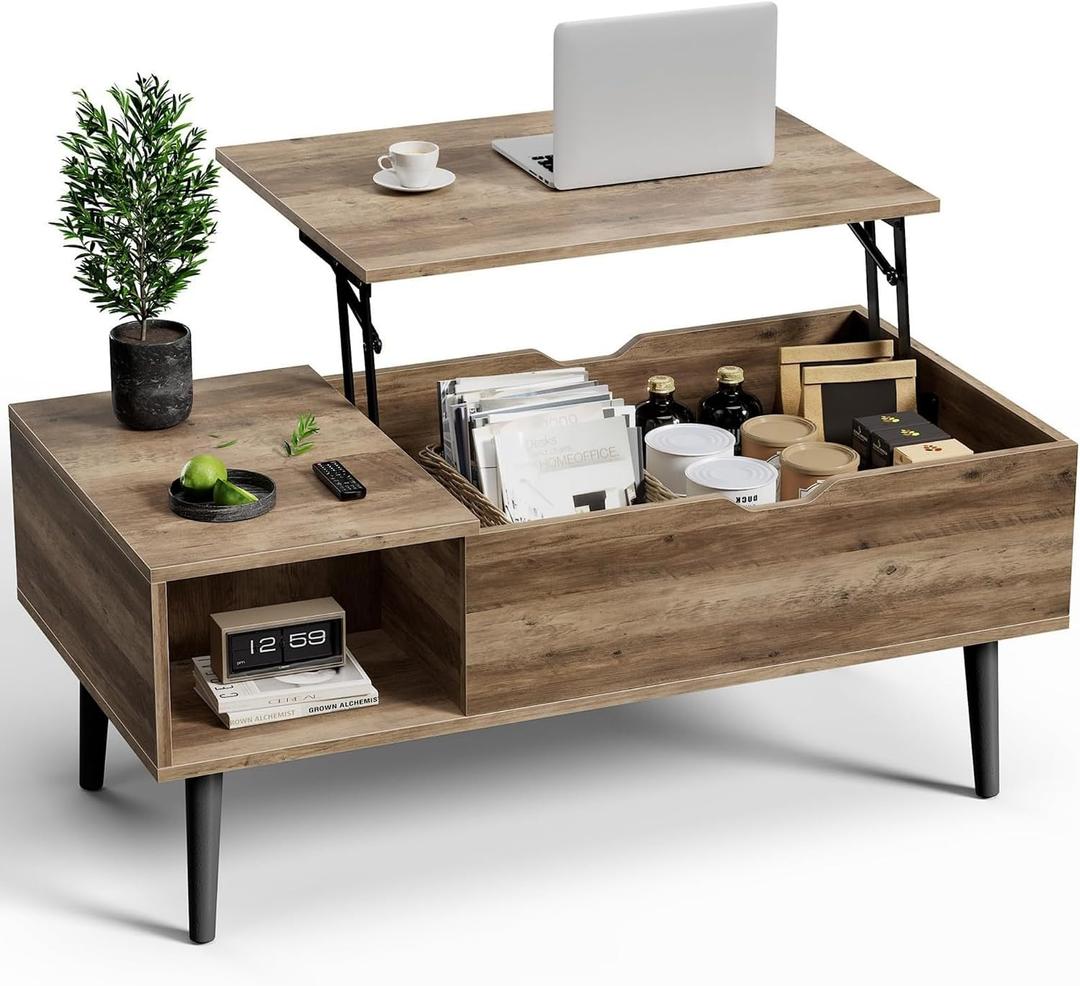 Multi-Function Lift Top Coffee Table, Wooden Lift Tabletop Dining Table for Living Room with Storage Shelf and Hidden Compartment, Grey