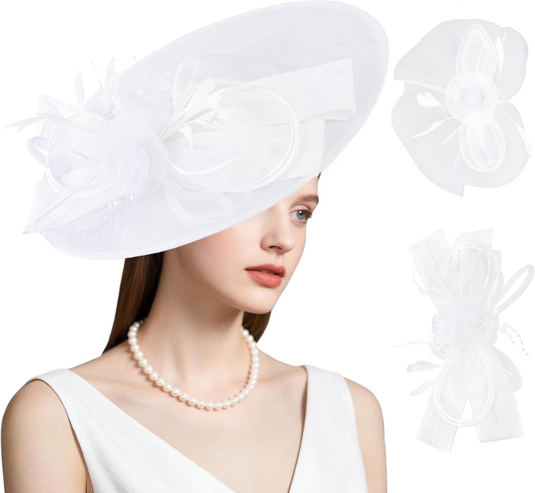 dressfan Wide Brim Fascinator Derby Hats for Women,20s Detachable Flower Hat with Headband for Derby Church Wedding Tea Party