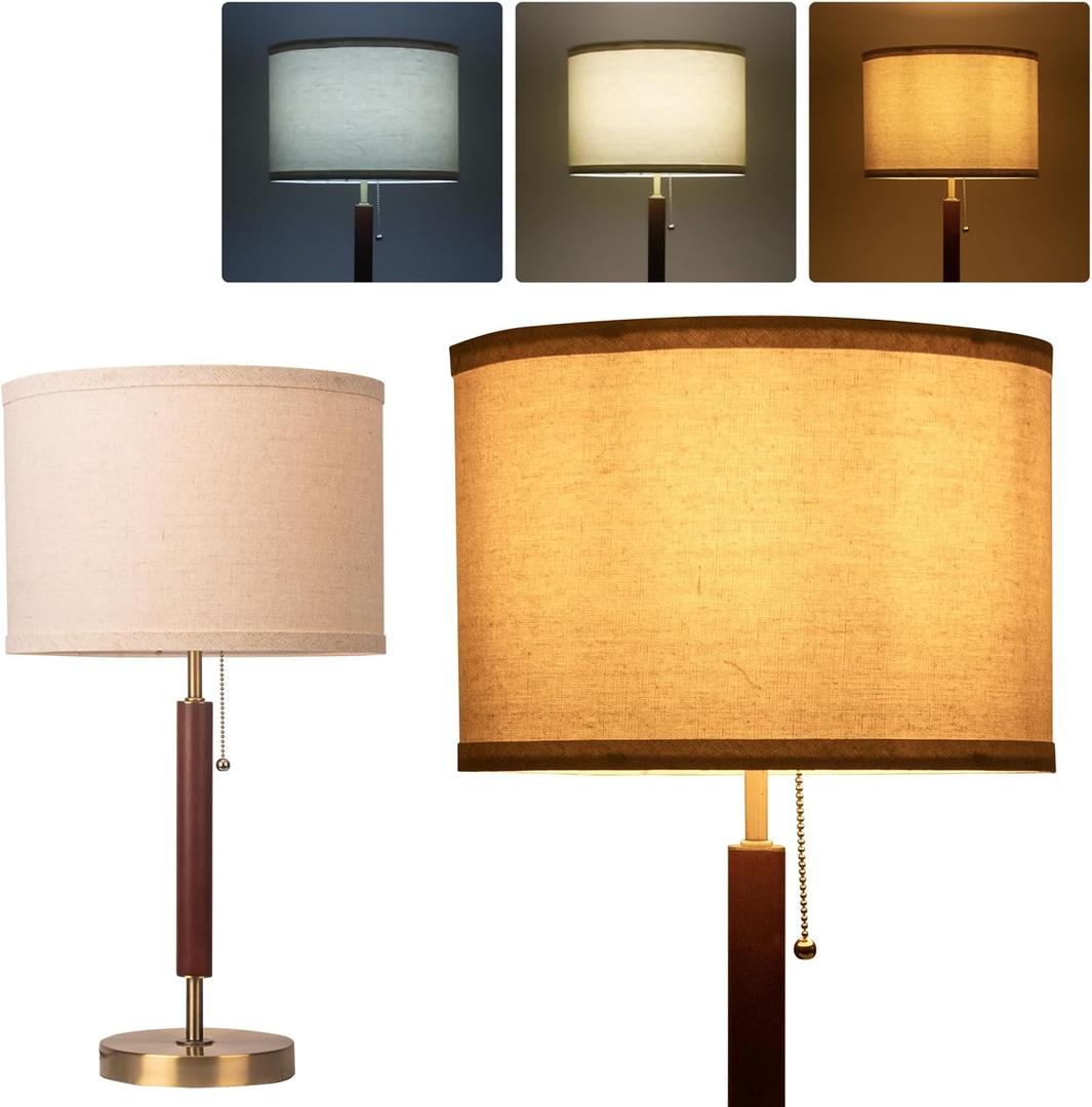 mid Century Modern Desk lamp, Farmhouse Table lamp with Pull Chain, Solid Wood & Metal Pole, Modern Bedside Lamp for Living Room, Bedroom, Office, Bronze & Wood Finish (Gold)