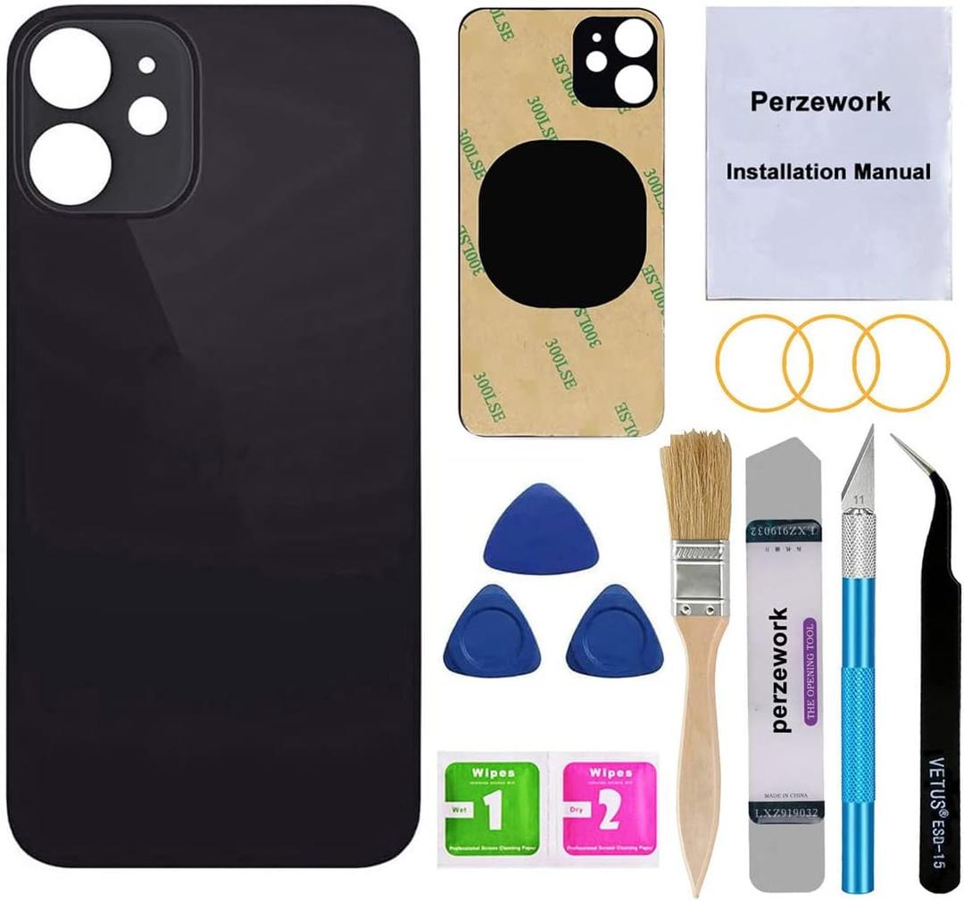 OEM Rear Back Glass Replacement for iPhone 12 6.1 inches with Reparing Toolkit and Pre-Installed Adhesive (Black)