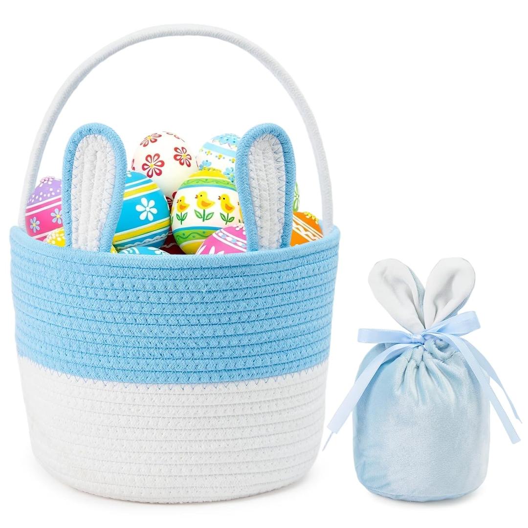 Easter Basket Cotton Rope Easter Bunny Baskets Empty with Handle for Egg Hunt Gifts, Girls Boys First Easter Basket with Velvet Drawstring Gift Bag for Easter Stuffers,Blue & White