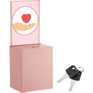 Metal Donation Box with Lock 6.7 x 5 x 8 Inch Safe Ballot Suggestion Box with Sign Holder and Slot Tip Jar Voting Collection Raffle Mailbox for Voting Fundraising Collection (Pink)