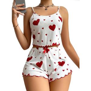 Hilinker Women's Graphic 2 Piece Pajama Set Summer Cute Crop Cami Top and Shorts Ribbed Sleepwear Sets White Red Heart Small