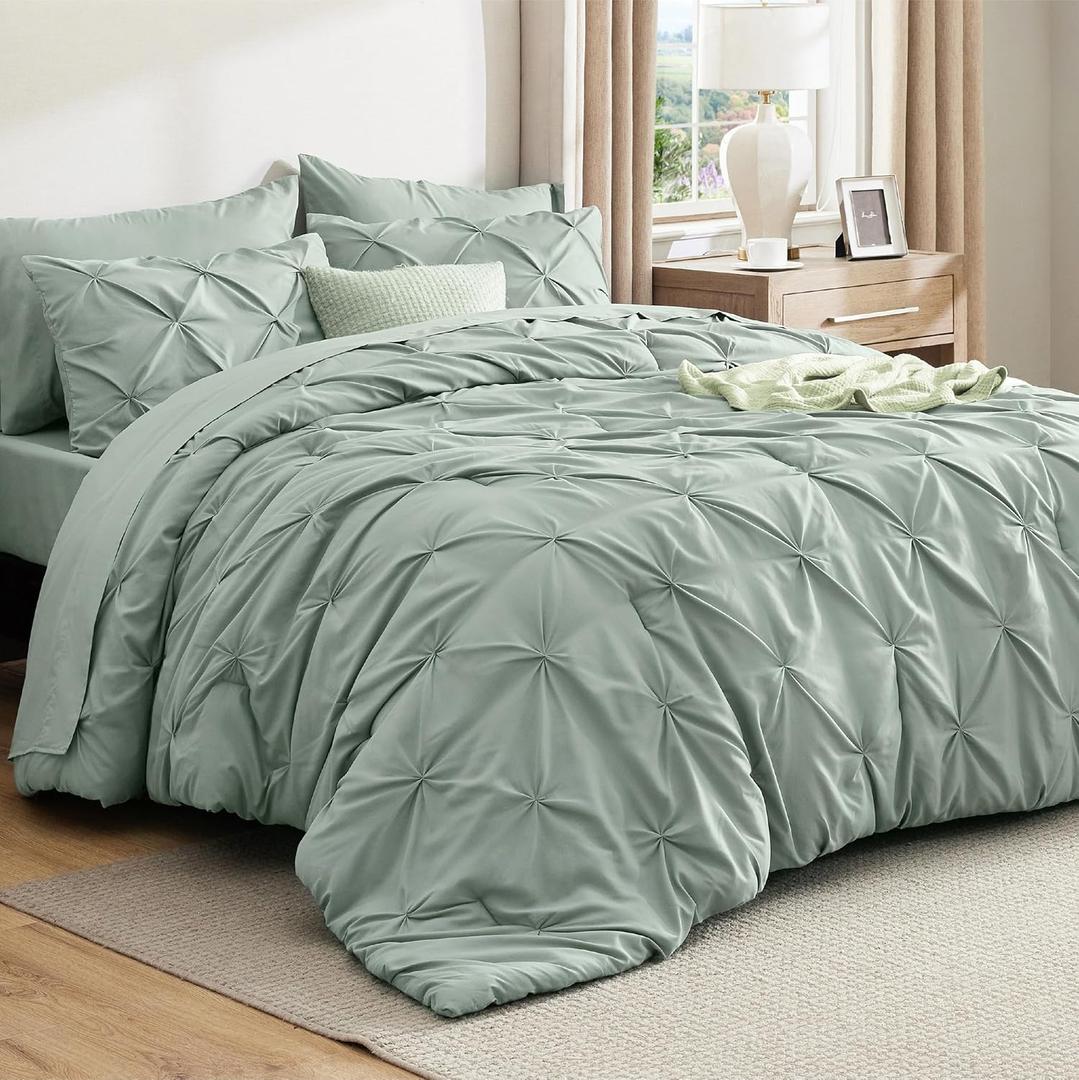 Bedsure Queen Comforter Set Sage Green - Bed in a Bag Queen Size 7 Pieces, GentleSoft Pintuck Bed Set Gift for Family, Pinch Pleat Sage Green Comforter with Sheets, Pillowcases & Shams