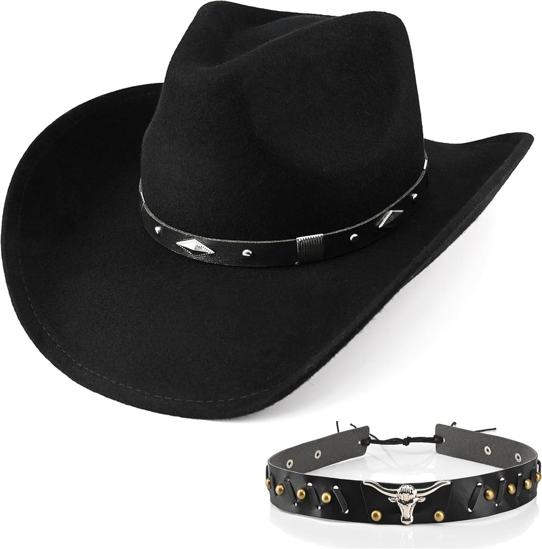 100% Wool Men's Women's Western Cowboy Hat Classic Black Cowgirls Hats Fedora Hat Felt with Two Decorative Bands (Medium-Large)