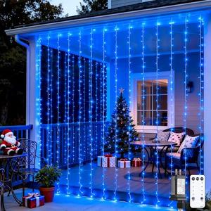 JMEXSUSS 300LED Curtain Lights, Blue Christmas Lights with Remote, Blue String Lights for Bedroom Wall Window Backdrop Garden Indoor Outdoor Pool Patio Yard Porch Decorations, 9.8x9.8ft