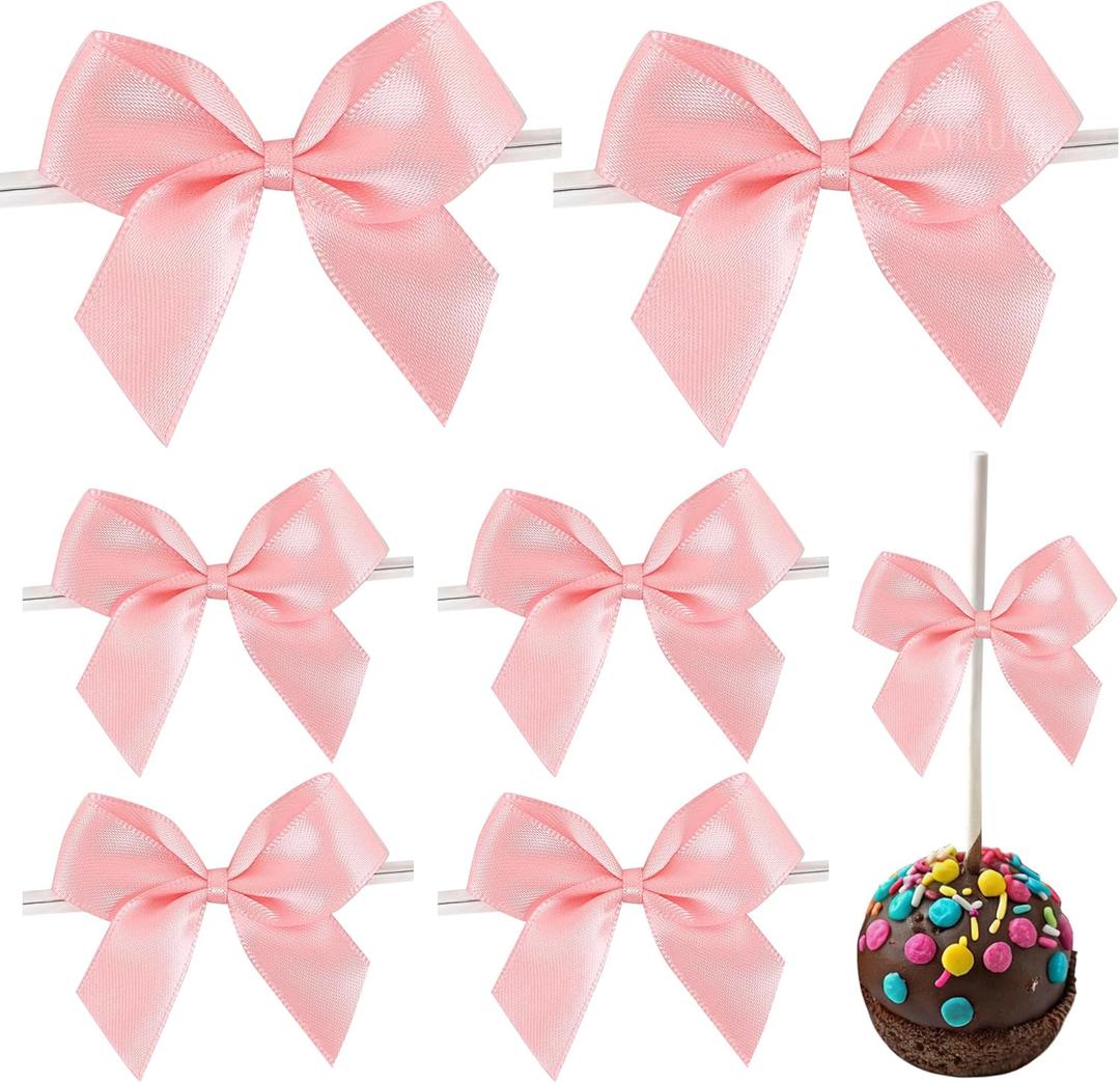 AIMUDI Baby Pink Satin Bows 2" Satin Bow for Gift Wrapping Small Bows with Twist Ties Premade Ribbon Bow for Crafts Cake Pop Treat Bags Wedding Bridal Shower Birthday Party Easter Decoration, 50 PCs