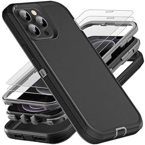 YKHJKLEC for iPhone 12 Pro Max Case, Military Grade 3 in 1 Heavy Duty Shockproof/Drop Proof/Dust Proof Case with 2Pcs Tempered Glass Screen Protector (Black/Grey)