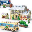 Snow Village Building Set,4 in 1 Christmas Vacation Holiday House&Cousin Eddie's RV&Picup Truck&Garage Building Blocks Model Kit Compatible with Lego for Child Adults(2056PCS)