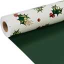 LaRibbons Reversible Christmas Wrapping Paper Mini Roll, Holly Berry Print and Solid Green Design, for Christmas, Holiday, and Seasonal Gift Wrapping, 17" x 33'(46.7 sq. ft)