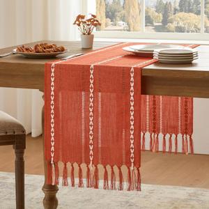 Hemstitched Farmhouse Fall Table Runner, Orange 13x90 Inch, Cotton Linen Table Runners 90 Inches Long, Embroidered Striped Burnt Orange Boho Table Runner Fall Decoration for Home