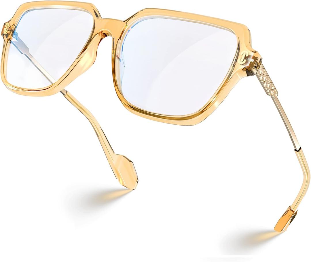 VISOONE Oversized Blue Light Blocking Glasses with Chic Square TR90 Frame and Metal Temple for Women Men REMY (Champagne)
