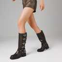 AMINUGAL Knee High Boots Women Square Toe Pull On Wide Calf Riding Fashion Buckles Chunky Metallic Casual Vintage Buckle Rivet (7)