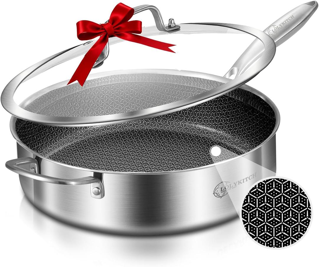 LOLYKITCH 6 QT Hybrid Tri-Ply Stainless Steel Non-Stick Saut Pan with Lid,12 Inch Deep Frying Pan,Large Skillet,Jumbo Cooker,Induction Pan, Oven Safe and Detachable Handle. (Black)