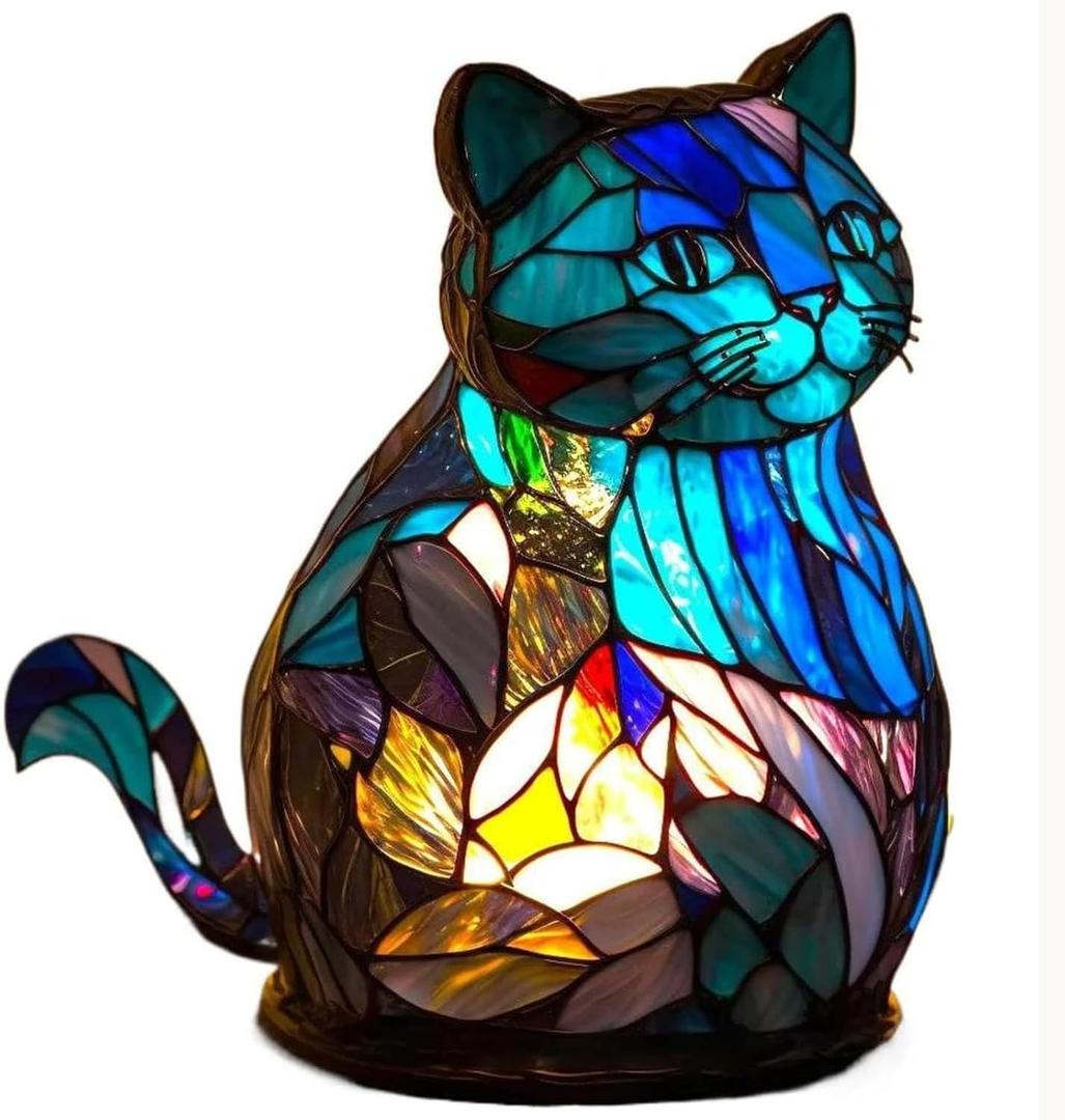 Retro Cat Stained Resin Table Lamp - Animal Table Lamp Series, Vintage-Style Bedside Light, Unique Cat Design for Home Dcor Living Room & Bedroom