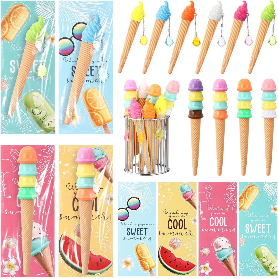 Gueevin 30 Sets Ice Cream Party Favors Ice Cream Cone Pen Novelty Cute Pens with Greeting Card Gift Bags for School End of Term Graduation Summer Beach Party Favors Office Supplies (Classical)