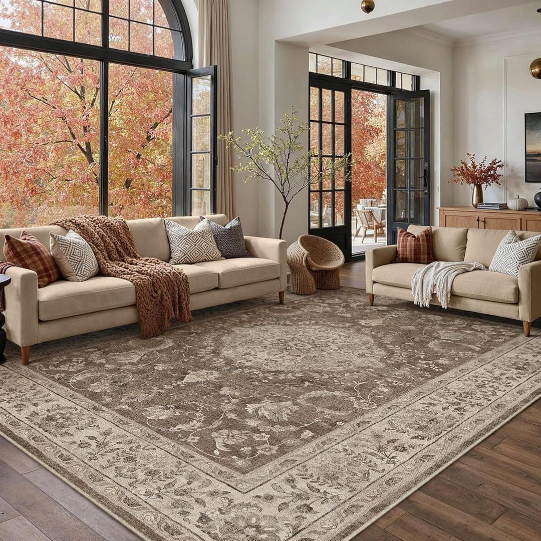 8x10 Area Rug Brown Washable Living Room Vintage Carpet Bedroom Large Non Slip Soft Low Pile Soft Thin Dining Room Office Accent Throw Rug
