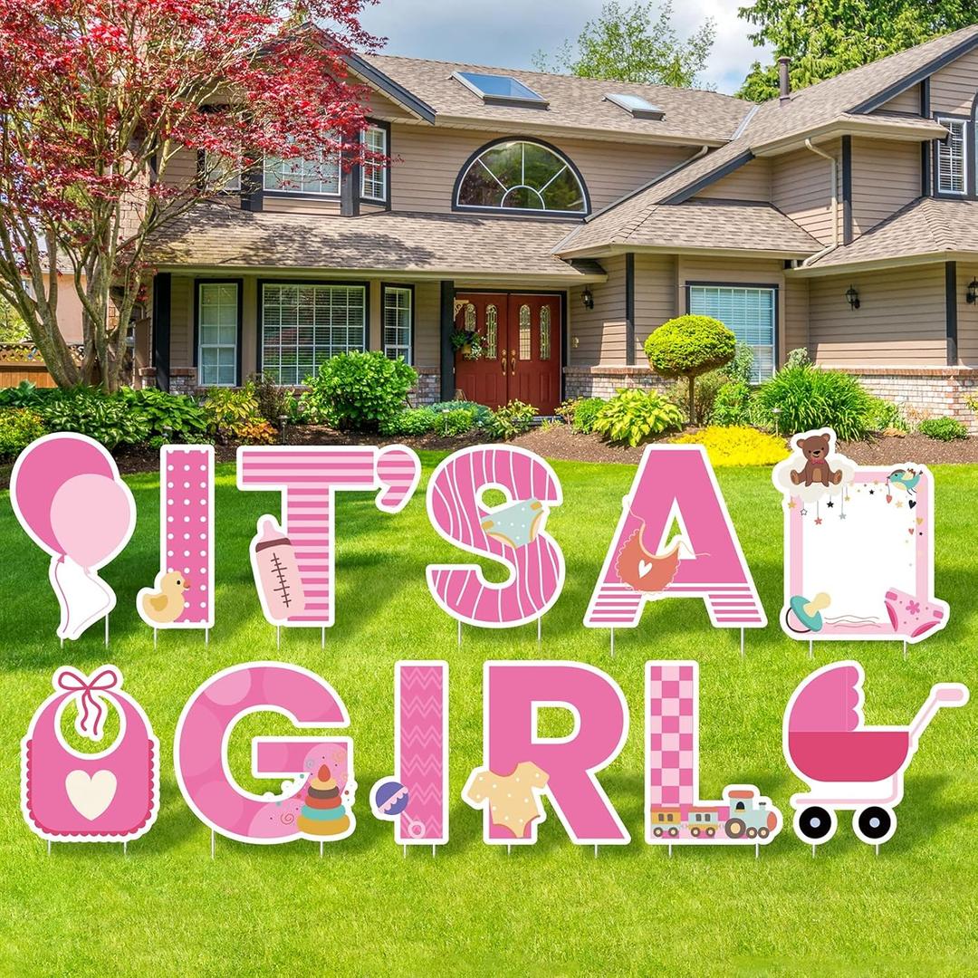 Elcoho 12Pcs Its A Girl Yard Sign with Stakes Stork Baby Shower Yard Sign Pink Gender Reveal Lawn Sign Welcome Home Yard Sign for Outdoor Baby Shower Party Decoration