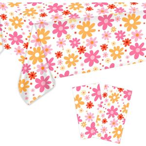 4 x 2pcs Daisy Tablecloth, 54 x 108 Inch Plastic Bohemian Floral Tablecloth Vintage Hippie Flowers Rectangular Tablecloth for 70s Birthday Baby Shower Wedding Party Table Cover Decoration