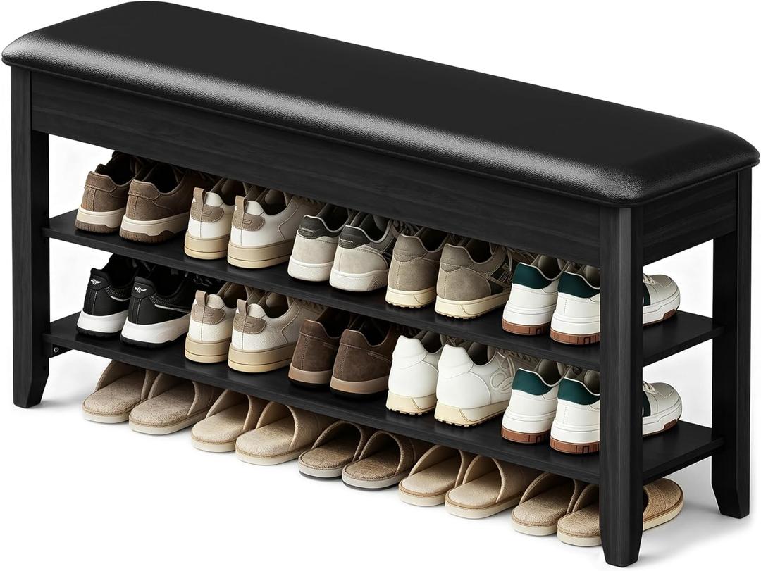 LBT Shoe Bench with Storage, Solid Rubberwood Shoe Storage Bench with Cushion, 2-Tier Shoe Rack for Entryway, Shoe Rack Bench with Deep Hidden Compartment and Stay-Open Hinge, 550lb Capacity Black, 39.4 inch