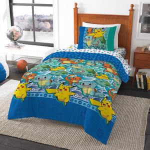 Northwest Twin Bed in a Bag Set  Pokmon First Starters Design  5-Piece Bedding Set with Comforter, Fitted Sheet, Flat Sheet, Pillowcase, Sham