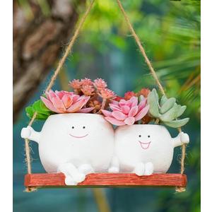 Cute Swing Planter Hanging,Smiley Face Couple Planter Pot,Hanging Plant Face Pot for Indoor Outdoor Plants, (White)