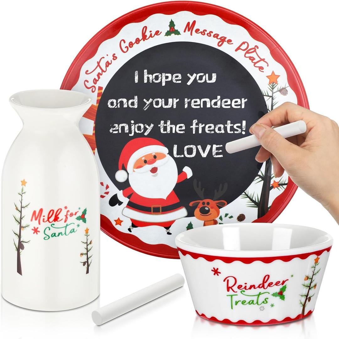 Nitial 4 Pcs Christmas Cookies for Santa Plate Set Message Santa Milk Jar Reindeer Treat Bowl Chalk Xmas Dinnerware Set for Christmas Eve Gift Holiday