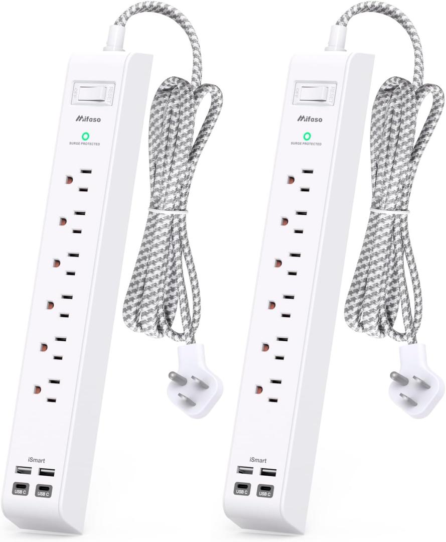 2 Pack Power Strip Surge Protector - 6 Outlets 4 USB Charging Ports, 5Ft Braided Extension Cord, Flat Plug, Overload Protection, Wall Mount for Home Office, Dorm Room Essentials White