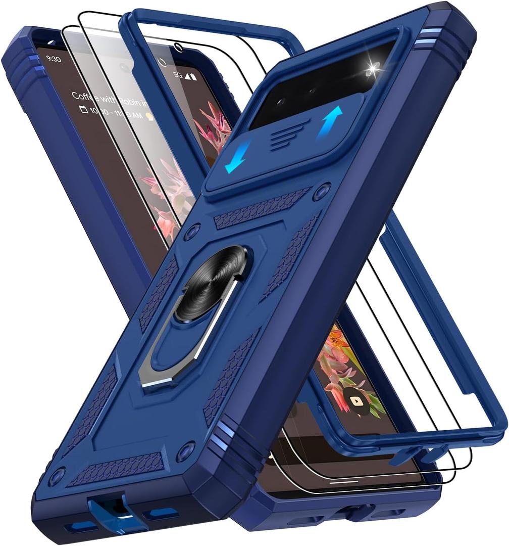 for Pixel 6 Case with Slide Camera Cover & Screen Protector (2 PCS), Google Pixel 6 Case Build in 360 Rotating Ring Kickstand, Military Grade Protective Cover for Pixel 6 Phone, Blue