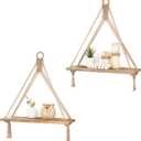 Mkono Macrame Hanging Shelves Boho Wall Decor Set of 2 Rustic Wood Floating Storage Shelf for Bedroom Bathroom Living Room Nursery Dorm Room, Display Shelving for Hanging Plants Photos (Brown)