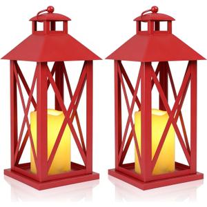 Decorative Lanterns Outdoor Candle Lantern 13.5" Waterproof Battery Powered LED Hanging Lanterns with Flameless Candle for Front Porch, Entrance, Indoor, 2 Pack