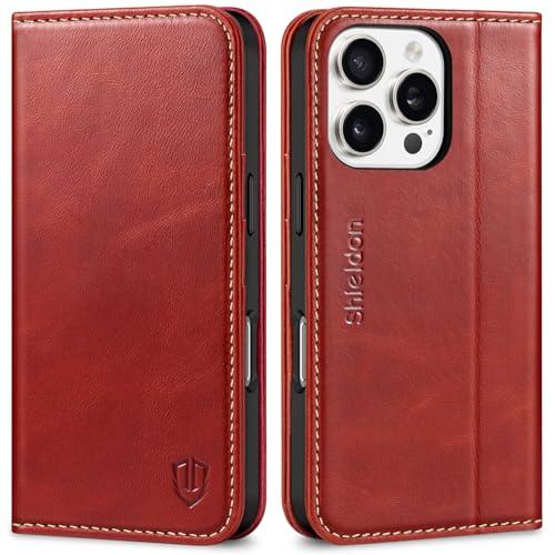 SHIELDON Wallet Case for iPhone 16 Pro 5G, Genuine Leather Magnetic Book Cover RFID Blocking Card Holder Kickstand Shockproof Phone Case Men Women Compatible with iPhone 16 Pro 6.3" 2024 - Retro Red