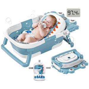 Collapsible Baby Bathtub for Newborns to Toddler with Real-time Temp Monitor & Floating Cushion, Portable Travel Tub for 0-36 Month, Foldable Baby Bath Tub for Infants Boy (Light Blue)