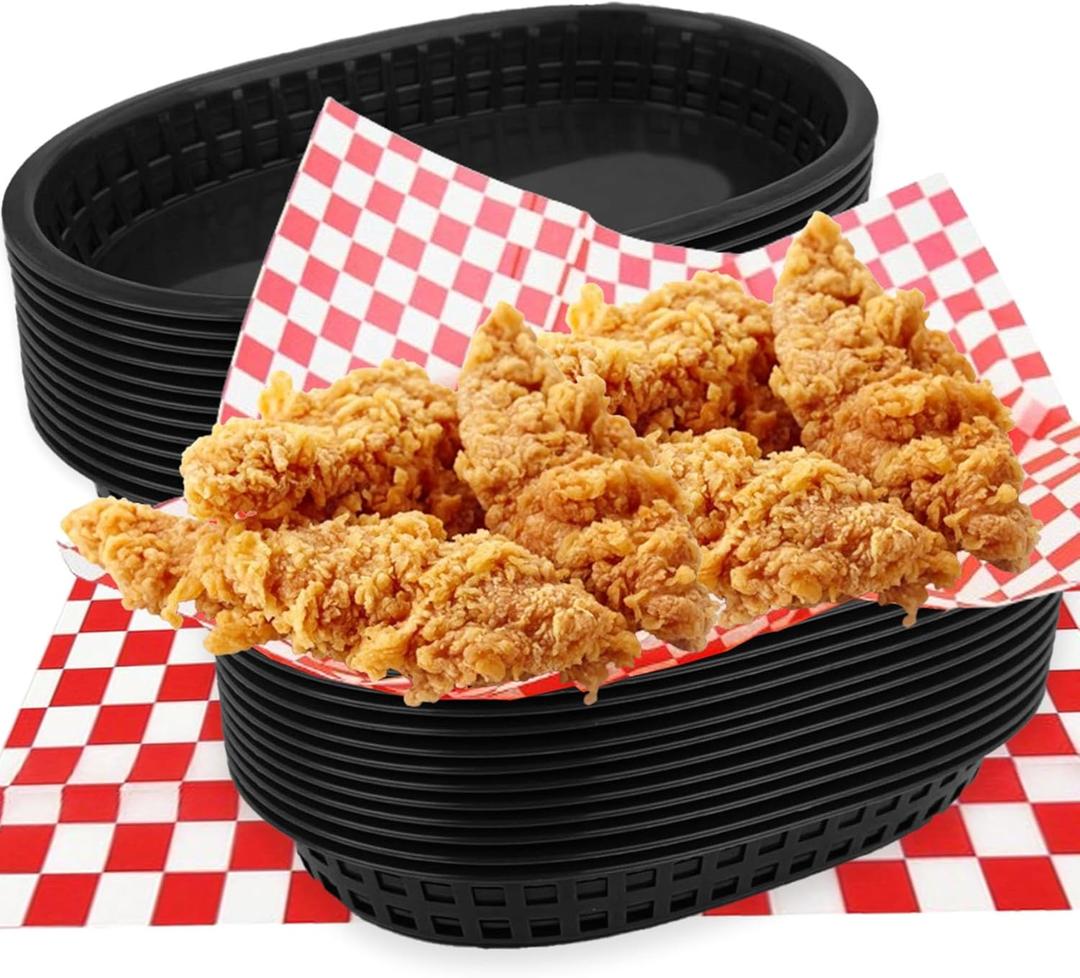 18 Pack Plastic Fast Food Baskets with 100 Sheets, 10.5 x 7 Inch Oval Food Baskets and Liners Reusable Chip Basket for Burgers, Sandwiches, Barbecues Serving Black