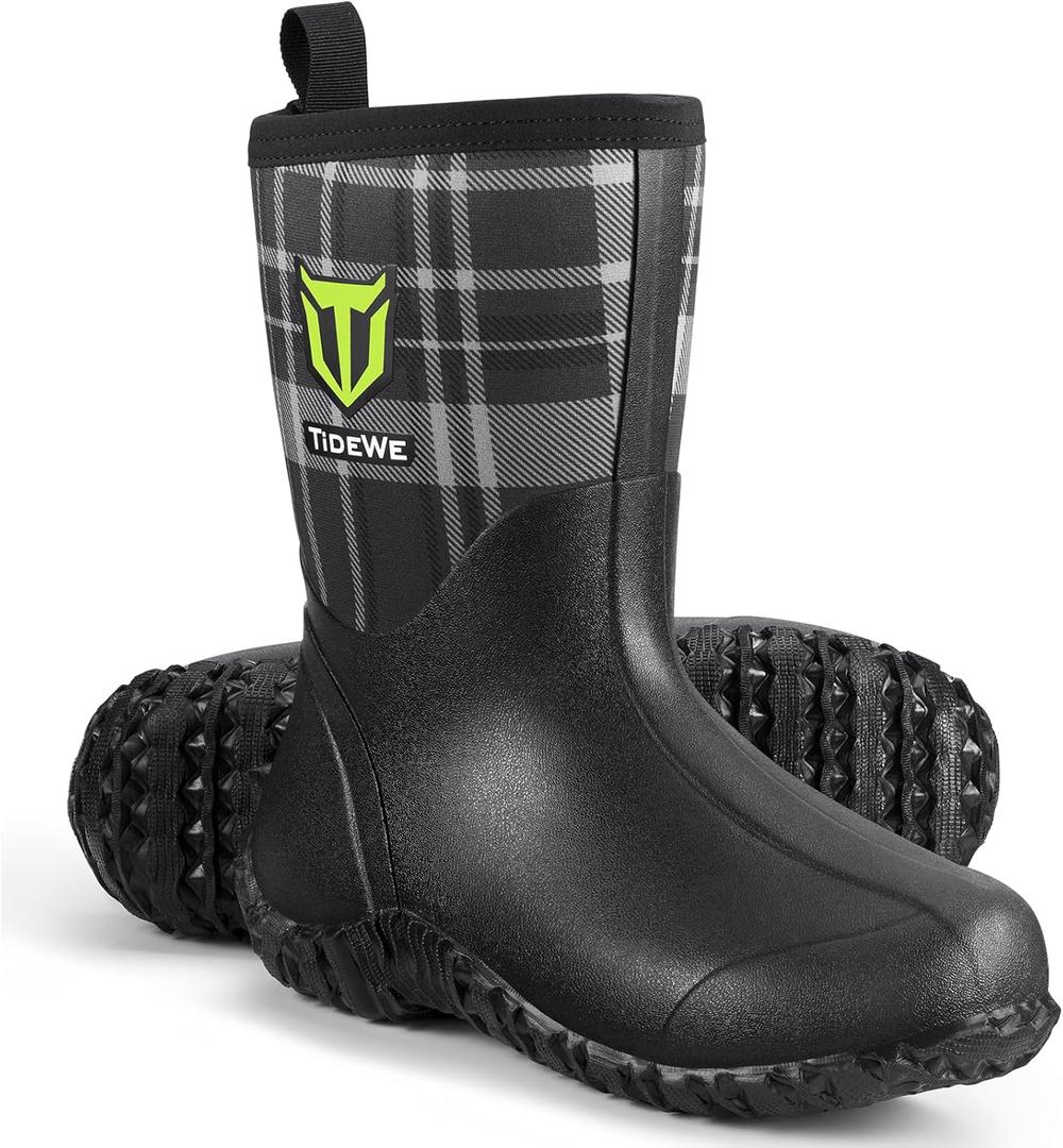 TIDEWE Rubber Boots for Women with Steel Shank, 6mm Neoprene Waterproof Insulated Mid Calf Rain Boots, Sturdy Hunting Work Boots for Farming Gardening Fishing (Black)