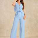 Allegra K Summer Two Piece Sets for Women Linen Crop Vest Wide Leg Pant Suits Dressy Casual Outfits (Blue, S)