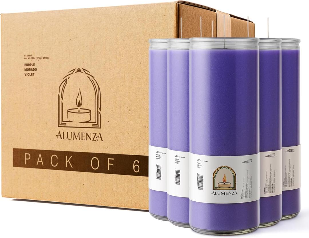 Bulk 6 Pack Purple 7 Day Candles in Glass Jar  Paraffin Wax, Clean Burning Unscented | Large & Tall Devotional Prayer Pillar Candles for Home, Memoria, Spells, Long Lasting