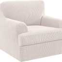 H.VERSAILTEX Stretch Armchair Slipcover 2 Piece T Cushion Chair Covers for Living Room Furniture Cover Suit for Box Cushion, Spandex Jacquard Fabric Small Checks(Armchair-Oversized, Ivory)