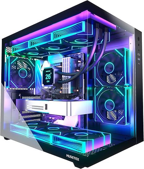 MUSETEX ATX PC Case,6 PWM ARGB Fans Pre-Installed,360MM RAD Support,Type-C Gaming PC Case,270° Full View Tempered Glass Mid Tower,Black ATX Computer Case,Y6