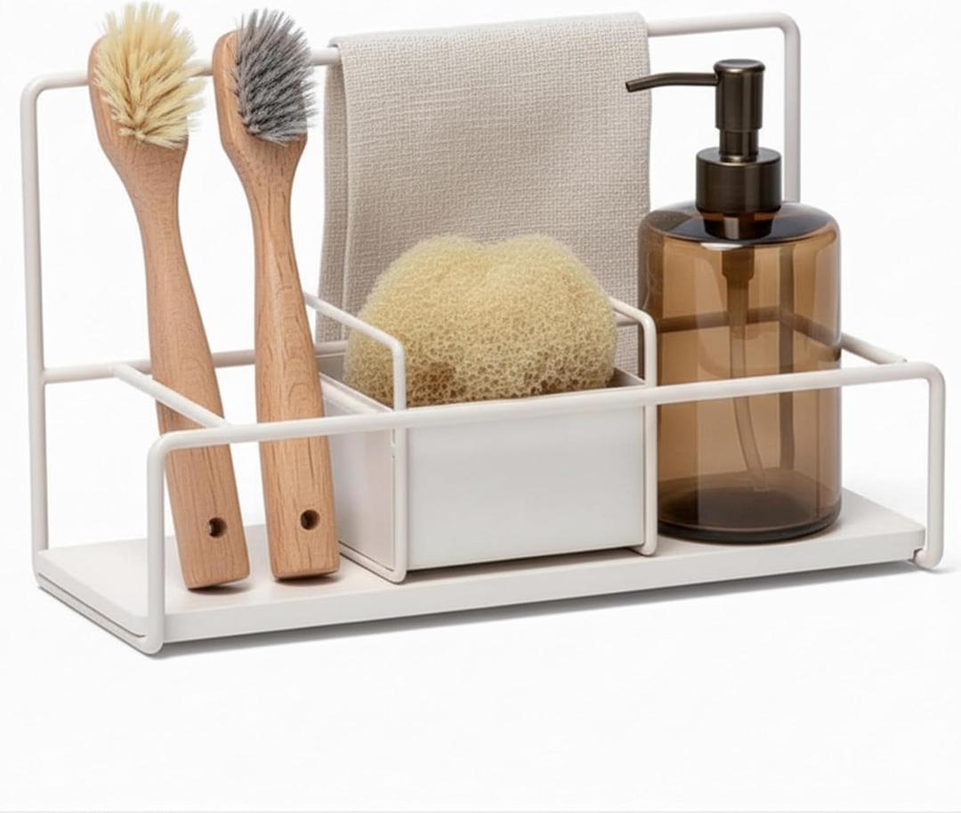 LIBKEN Kitchen Sponge Holder with Drying Stone Warm Grey Powder Coated Metal Sink Caddy Minimal Scandinavian Design Sponge Rack for Kitchen Sink Organization & Elegant Countertop Storage