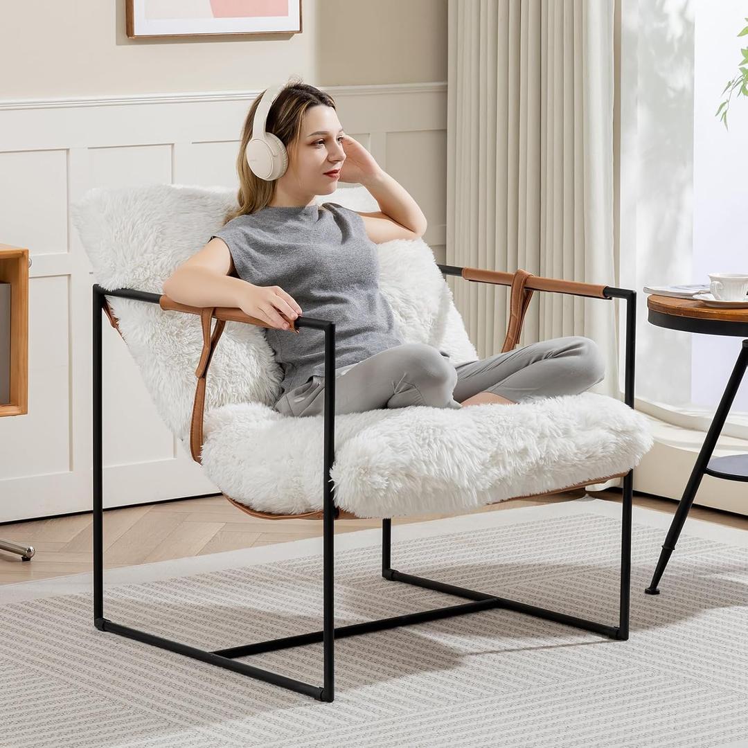 Accent Chair, Fluffy Living Room Chair Arm Chair Big Sitting Area Cross Legged Armchair with Foam Cushioning, Reading Chair, Bedroom Chair,Metal Frame, Armpad (White)