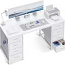 ODK 48 Inch White Computer Desk with 8 Fabric Drawers, Modern Office Desk with Large Storage for Home Office, Study, Gaming, White