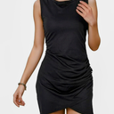 Black Short Dress, 2025 Summer Round Neck Sleeveless Mini Dresses for Women with Tulip Hem, Slim Fit One Side Ruched Bodycon,L