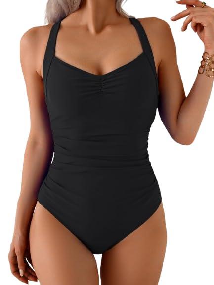 B2prity One Piece Swimsuit for Women Tummy Control Slimming Bathing Suit Push Up Ruched Swim Suit Criss Cross Swimwear Hot Pink (XL)